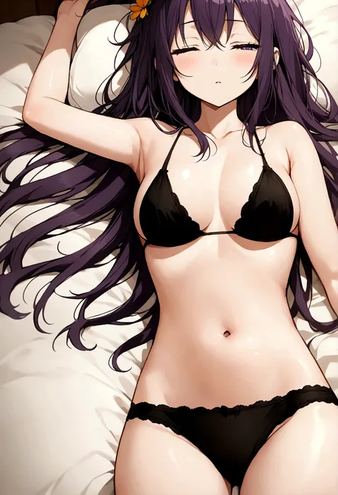 Anime girl with very long dark purple hair and a flower hair accessory waking up in the morning as she looks sleepy and her eyes were half closed wearing a black bra and a black underpants while shes laying in the bed 