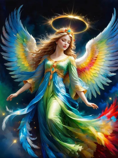 a brightly-colored, beautiful angel soaring through a radiant blue sky, shimmering feathers of various hues adorn this magnifice...