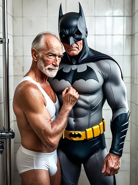 score_9, score_8_up, score_7_up, score_6_up, score_5_up, score_4_up , ,photo realistic,
slim old man Alfred (butler, intelligent, gentlemanly, slim, in his 60s) and Batman (hairy, muscular,handsome, tall, body covered in scars,30years old) wearing only a m...