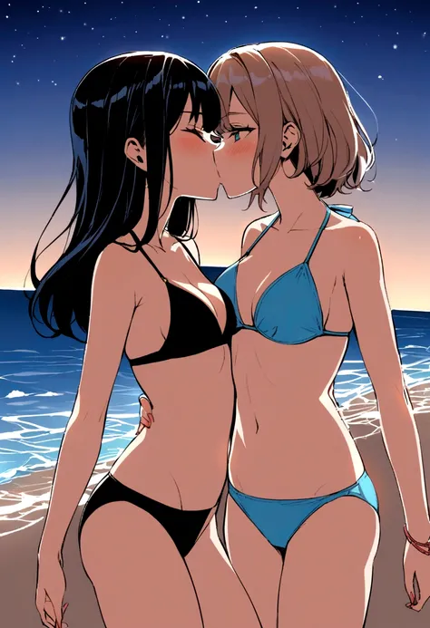 Two women kiss on the beach at night With bikinis