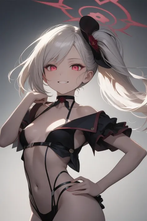 best quality, amazing quality, very aesthetic, absurdres, (1girl, mutsuki, blue archive, solo, red eyes, white hair, side ponytail), (artist official art:1.5), (realistic face:0.7), (grin, lowleg bikini, ), (cowboy shot), (glowing eyes), (half closed eyes:...