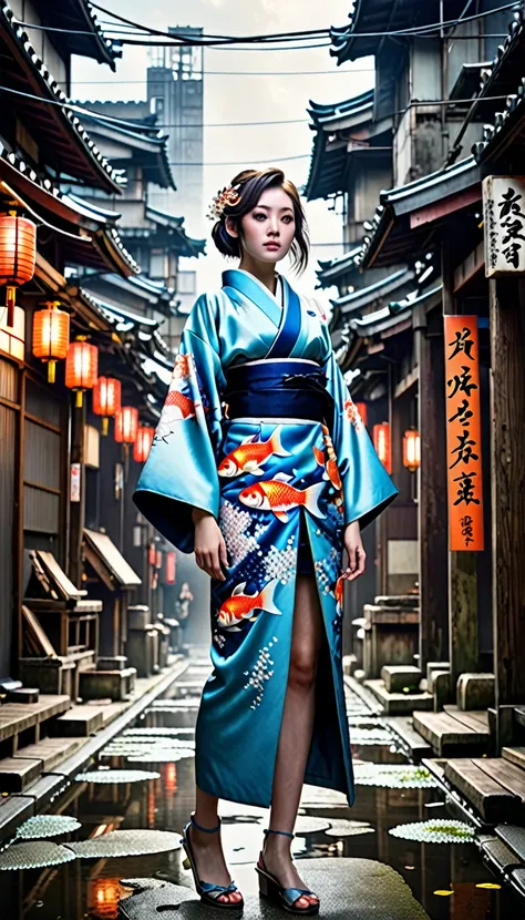 A single young girl stands diagonally, facing the camera in a full-body portrait. She wears a traditional Japanese kimono with a koi fish pattern, but her body is fused with mechanical parts, creating a cyborg appearance. The setting is a detailed, ruined ...