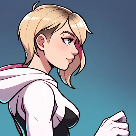 Spider-Gwen, medium breast, side profile, mask off, looking straight ahead