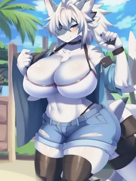 Shark girl, very sexy, big breasts, Denim short, white bra, shorts