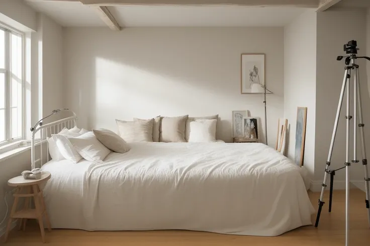 there is a bed with a white comforter and a tripod on the wall, bedroom interior, fotografia, bedroom background, photorealistic room, picture of a loft in morning, cinematic realistic photo, natural light in room, realistic studio photo, inside of a bedro...