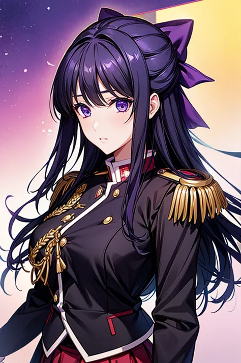 akane ryuuzouji、black jacket uniform、red pleated skirt、epaulettes、right shoulder to chest ornament、purple head ribbon