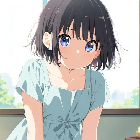 Masterpiece, Best quality, 1 Female,l, young girl, sister-like, blue eyes color, black hair, short hair, resolute eyes, white and blue dress, white eardrop, frontal photo, anime