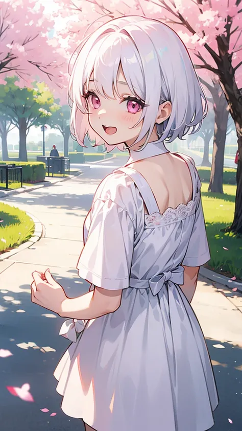 White Hair、Pink Eyes、Short Hair、Cute、One Girl、Only one girl、Daytime、Wearing a dress、at the park、laughing