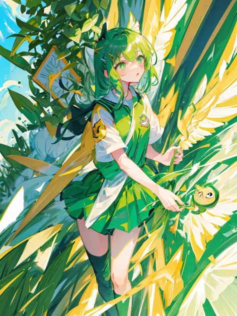 An angel girl with wings flying with green hair and the wind blowing. She is fighting with a big frog. The frog is crying. She is wearing a uniform with green and gold lines.