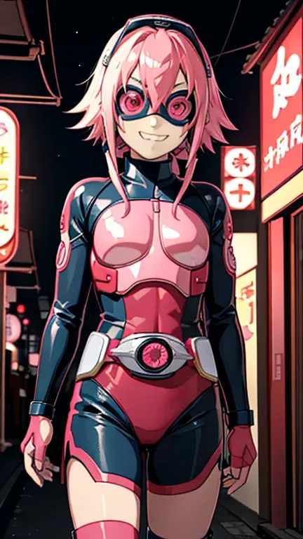 (8k),(masterpiece),(Japanese),(8-year-old girl),((innocent look)),((Childish)),From the front,smile,cute,Innocent,Kind eyes,Flat chest, Haruno Sakura, Superhero,Kamen Rider,red helmet,red domino mask, Light pink Hair,Strong wind,night,dark, Neon light cybe...