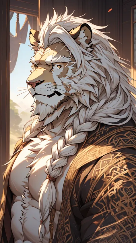 (masterpiece),(highres),(intricate details:1.4),extremely detailed,(illustration:1.2),8k,photorealistic,Anime headshot,exquisite,solo,aged,elder male lion ,grey fur,muscular,general,(naked upper body:1.4),(white hair:1.3),long hair,braided hair,long white ...