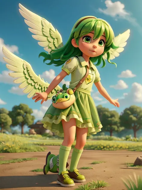 An angel girl with wings flying with green hair and the wind blowing. She is fighting with a big frog. The frog is crying. She is wearing a uniform with green and gold lines.