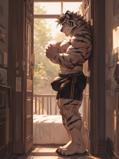 bara handsome white furred tiger furry leaning on wall wearing only tight boxer briefs, tall, massive pecs, broad shoulders, sultry gaze, purple eyes, smirking at camera seductively, sultry teasing gaze, one hand on his thigh near his bulge, running his ha...