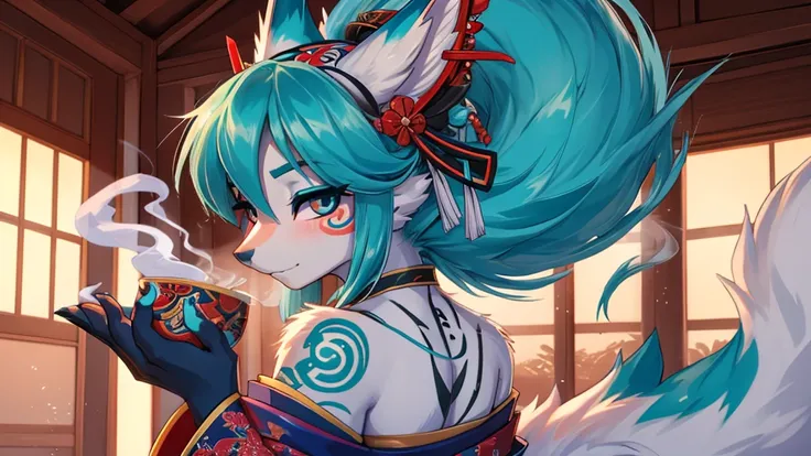 Miku Hatsune, agregar alta definición_detalle:1, pelaje azul,Orejas de Kitsune, japanesse tattoo art agregar_detalle:1, brazos al aire, japanese samuray costume add_detail:1, resplandecent body, geisha girl, smoken japanesse pipe