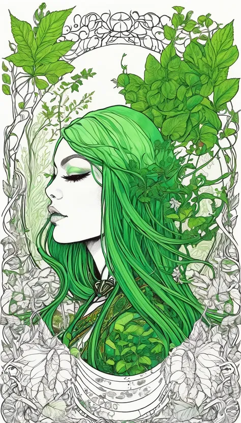 divine beautiful dlyad girl, long green hair, large breasts, personified, fantasy, excellent lighting, excellent anatomy, leaves, weeds, sprouts, trees, soil, ethereality, fantasy card game frame, psychedelic, psychedelic delusion, 2d Gauche hand drawn pai...