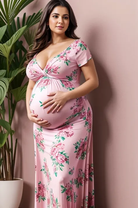 
pregnant woman in a floral dress standing in front of a plant, a photorealistic painting inspired by Nazmi Ziya Güran, shutterstock, hyperrealism, pregnant belly, pregnant, pregnancy, maternity feeling, maternal photography 4 k, wearing pink floral gown, ...