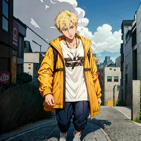 A cartoon character wearing a yellow jacket walking down a city street, Realistic Anime 3D Style, Anime Styled 3d, Anime Style. 8K, Standing in the city centre, modern Anime Style, Standing on the street, Anime Style hyper detailed, in Anime Style, Anime S...