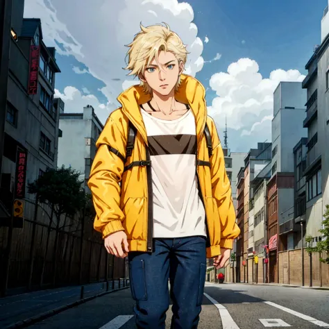 A cartoon character wearing a yellow jacket walking down a city street, Realistic Anime 3D Style, Anime Styled 3d, Anime Style. 8K, Standing in the city centre, modern Anime Style, Standing on the street, Anime Style hyper detailed, in Anime Style, Anime S...