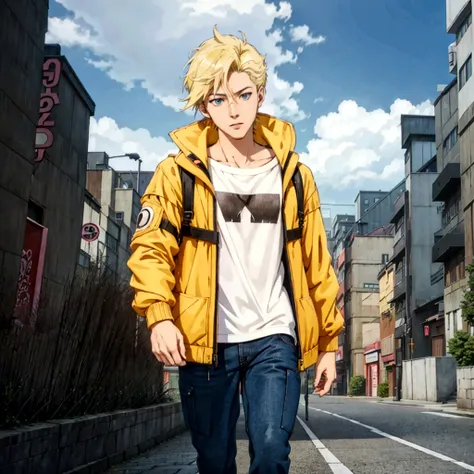 a cartoon character wearing a yellow jacket walking down a city street, realistic anime 3d style, anime styled 3d, anime style. ...