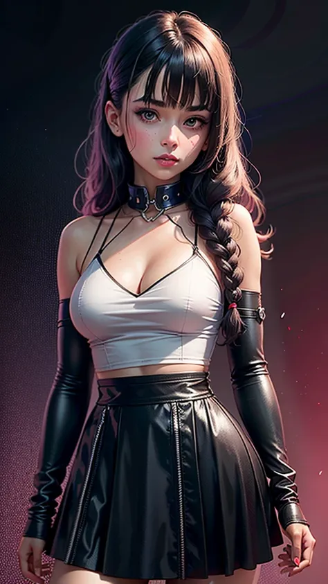 1girl, solo, long curly hair, looking left, bangs, simple background, black hair, red eyes, upper body, blunt bangs, red background, science fiction, high collar, cyberpunk, girl in skirt, full violet background