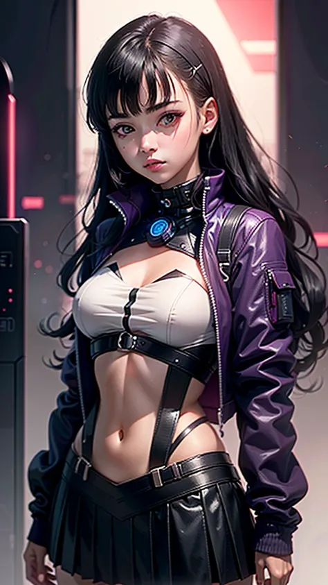 1girl, solo, long curly hair, looking left, bangs, simple background, black hair, red eyes, upper body, blunt bangs, red background, science fiction, high collar, cyberpunk, girl in skirt, full violet background