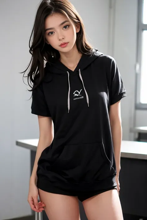 une femme de 18 ans sexy et mince , black short sleeve hoodie , salle de classe, se touche,position sey,sensuel