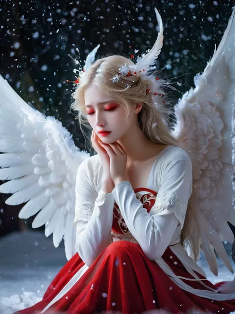 A heavenly creature, an angel with feathers as white as pristine snow, stands in a moment of quiet despair. Her eyes are filled with crimson tears, a deep scarlet that contrasts sharply with her pale complexion and radiant attire. The red tears fall from h...