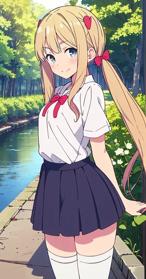 (masterpiece, best quality:1.4),looking at viewer,cowboy shot,smile,blush,eriri spencer sawamura,blonde hair,long hair,twintails,ribbon,blue eyes,small breasts,,short sleeves,pleated skirt,thighhighs,outdoors,nature,tree,path,river,