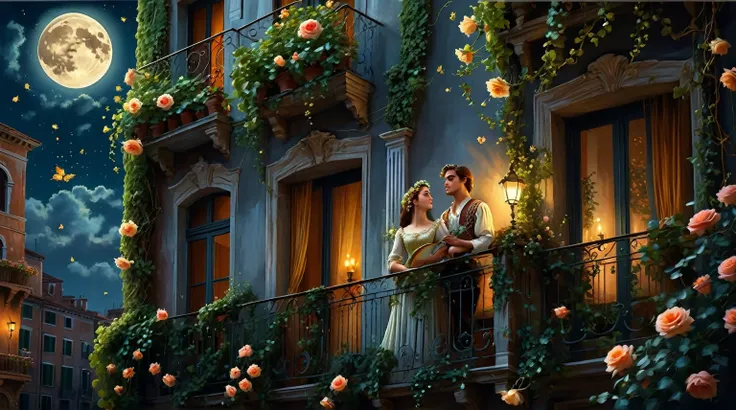 there are two people standing on a balcony with flowers, romantic painting, romantic era painting, romeo and juliet, balcony sce...