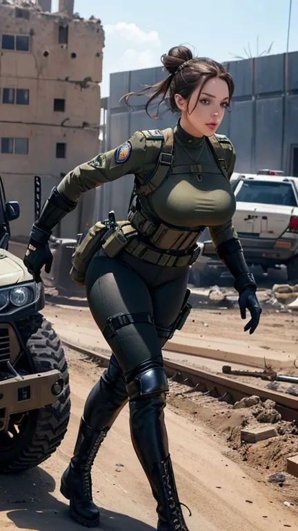 Kat Dennings as Israel military woman, beautiful, beautiful face, realistic face, beautiful hazel eyes, brunette hair bun hairstyle, puffy lips, slim athletic body, perfect breasts, round ass, thick thighs, israel military uniform, tactical gear, tactical ...