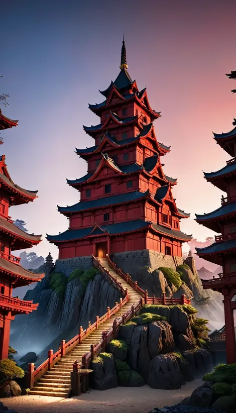 A scary castle in red and black，Best image quality，Resolution is 4K or 8K，Capture every detail perfectly。The pictures are very detailed，Presented in a realistic way，Delivering a truly immersive experience。This work combines illustration techniques with 3D ...