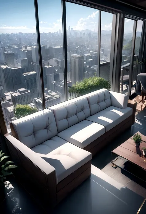 Panorama of the living room，It has a large sofa and a large window., Digital rendering by Harriet Zeitlin, cg Social Hotspot, The art of math, Relaxation time. beautiful landscape, Enjoy the skyline view from the rooftop, sparse field, this, Luxurious envi...