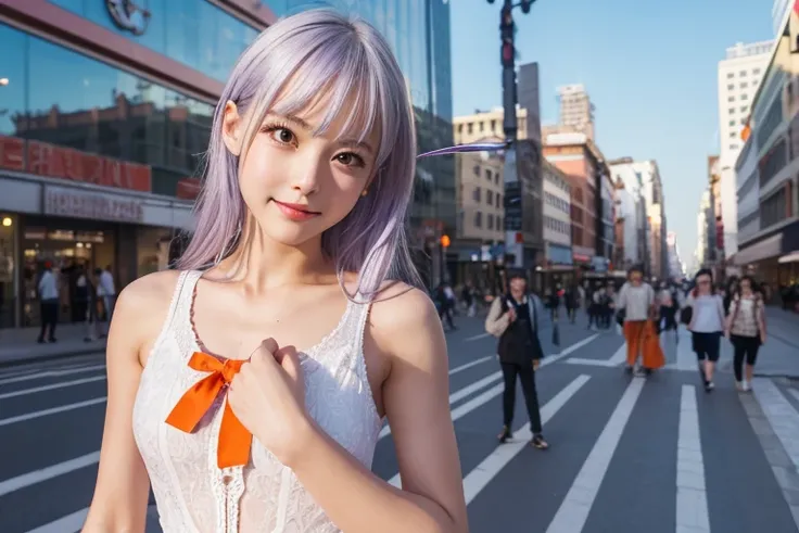 high resolution,high quality,Perfect body,Bustling city,Bright city,One Boy,Walking,Cute face,Women,one piece,クリーム色のone piece,Silver Hair,Ribbon in hair,Light purple ribbon,Red Eyes,Orange lips,Happy expression,(upper body:1.5)