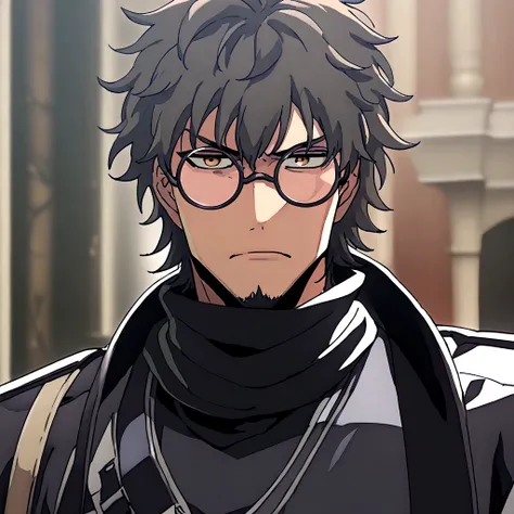 anime man, shaved beard, serious face, black fluffy messy hair, black suit, cool, ((best quality)), black scarf, black waist str...