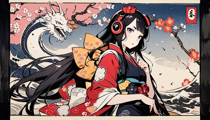 Highest quality, Katsushika Hokusai, Ink Painting, (((very straight longhair))), (((1 girl))), (((cherry blossoms))), Japanese style headphones, beautiful girl, Black Hair, Delicate and precise, Modern ukiyo-e style, white dragon