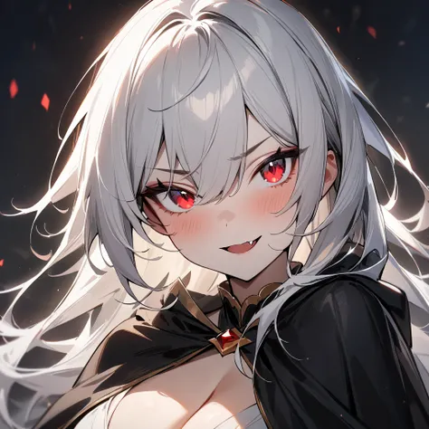 1 girl,White hair,red eyes,Solo,portrait,Cleavage, fang vampire,Black Cape,masterpiece, best quality, very aesthetic, absurdres masterpiece, best quality, very aesthetic, absurdres masterpiece, best quality, very aesthetic, absurdres,looking at viewer,