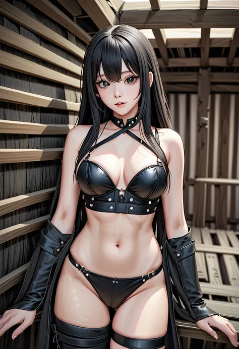 high quality, detailed, Realistic, (19 years old japanese shemale), (detailed black eyes),(long hair),(abs), (shiny skin), (detailed puffy nipples),(leather bondage),leather tiny thongs and bra, bulge, dungeon,