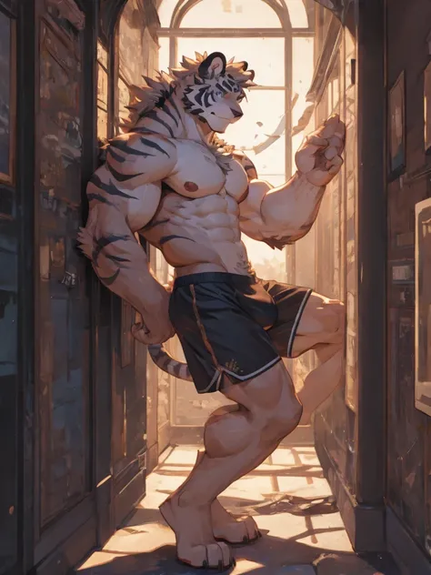 bara handsome white tiger furry leaning on wall wearing only tight boxer briefs, tall, massive pecs, broad shoulders, sultry gaze, purple eyes, smirking at camera seductively, sultry teasing gaze, one hand on his thigh near his cock, running one hand throu...