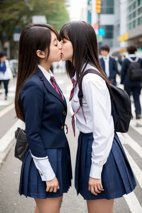 Two busty high school girls in Japanese school uniforms kissing on the street