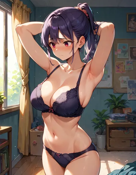 score_9, score_8_up, score_7_up, source_anime, 1girl, dark purple hair, brown eyes, ponytail, large breasts, bra, panties, Bulky body, embarrassed, pose, arms up, private room, apartment,