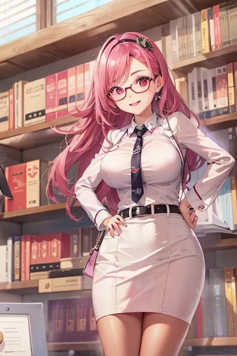 female teacher、A radiant smile、Long skirt、suit、Earrings、Glasses、brooch、belt、Pink Hair、Red eyes、Large Breasts、Too big breasts、library、gigantic breasts,bursting breasts、best quality, perfect skin