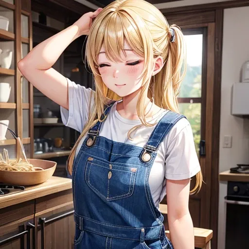 A woman making udon noodles　Eyes closed　Overalls　Blonde