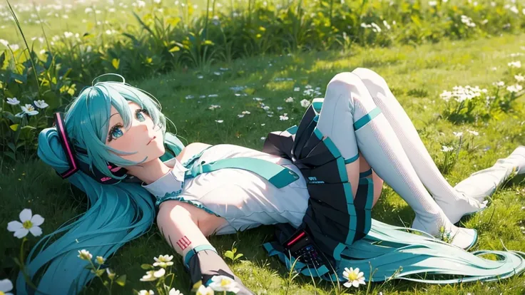 There is Hatsune Miku and an Irish meadow in the background.。