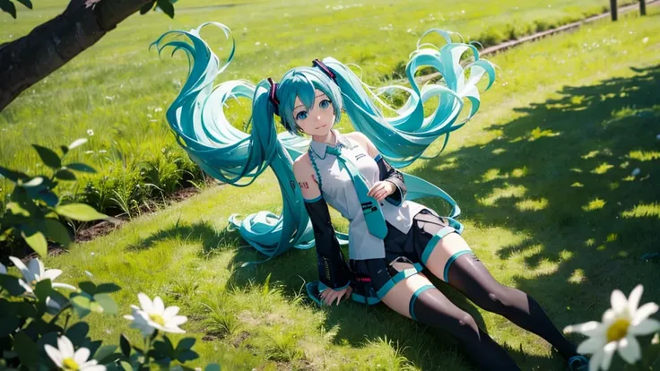 There is Hatsune Miku and an Irish meadow in the background.。