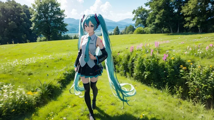 There is Hatsune Miku and an Irish meadow in the background.。