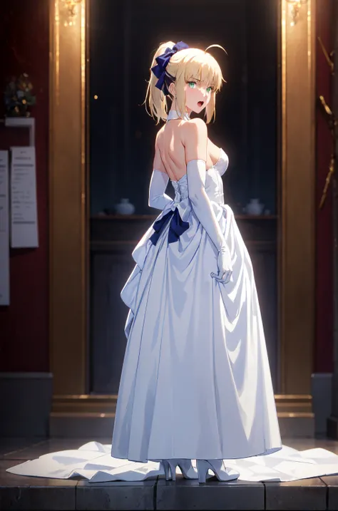 best quality, masterpiece,phSaber, phAltoria, 1girl, solo, gloves, elbow gloves, high heels, white dress, white gloves, open mouth, bow, official alternate costume, hair bow, breasts, backless dress, backless outfit, ponytail, strapless dress, bare shoulde...