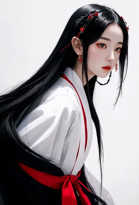 Body facing forward、Shrine maiden、Long Black Hair　Alluring　Beauty　Mysterious Beauty　White dragon behind　Mature　Artistic style is、It should reflect the official aesthetic with bright colors and strong contrast.. The color palette should emphasize the myster...