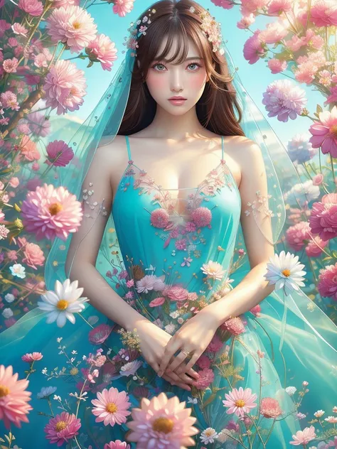 (Fashion magazines are a big hit:1.2),(Attractive woman:1.3),(Beautiful and delicate eyes:1.2),(Fashion clothing design:1.2),(Tulle texture:1.1),turquoise Flowers,surrounded by Flowers,Transparent dew,Fresh and elegant,(Flowers blooming wildly:1.2),Delicat...