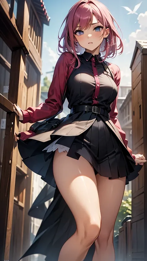 a masterpiece, best quality, highres, absurdres, 1girl, crowd, skirt, wind blowing skirt up, laced underwear, pink hair, gasai yuno, from below, revealing clothes, skindentation, outdoors, sunlight, street, looking at viewer, blush, detailed face, beautifu...