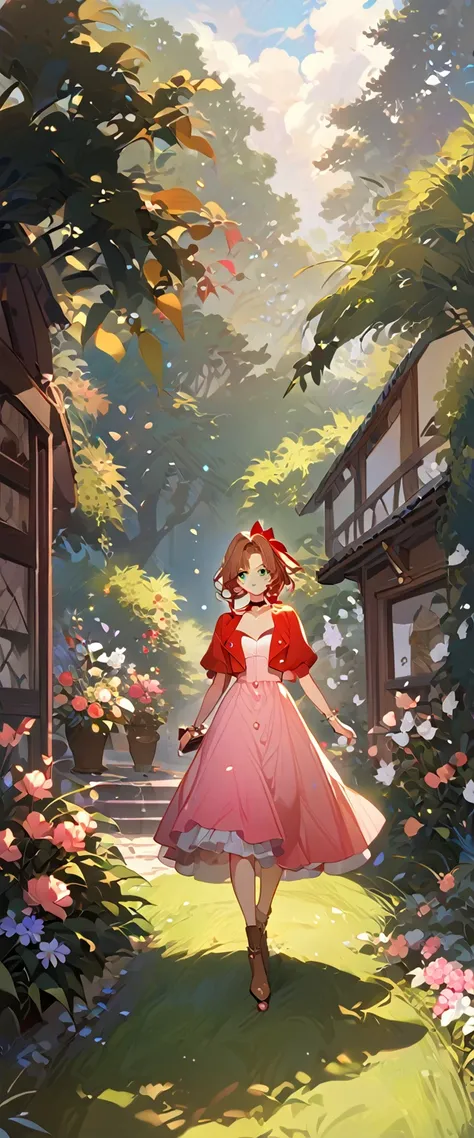 masterpiece, best quality, 8k, 4k, 1girl, aerith gainsborough, brown hair, braided, green eyes, red hair ribbon, braided long ponytail, red bolero jacket, cropped jacket, bow, choker, long pink dress, pink bow, brown boots, bangles, walking in a garden, fl...